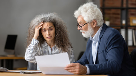 Intergenerational Business Crisis: Stressed Mid-Adult Woman with Hand on Head and Worried Senior Male Colleague Reviewing Financial or Legal Documents in an Office, Conveying Anxiety, Concern, and Unexpected Professional Problemsの素材