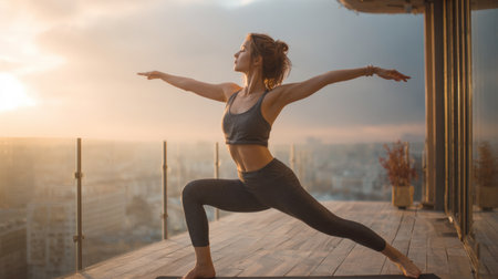 Full-body shot of a fit woman in sparkling gray activewear holding a Warrior II yoga pose on rooftop terrace. The golden hour sunlight highlights her silhouette against hazy city skyline, perfectly illustrating wellness, exercise, urban tranquility.の素材