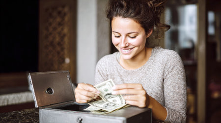 Happy Young Woman Joyfully Counting Money from a Small Metal Safe Box on a Countertop, Smiling as She Handles US Dollar Bills - Depicting Financial Success, Personal Savings, and Budget Management.の素材