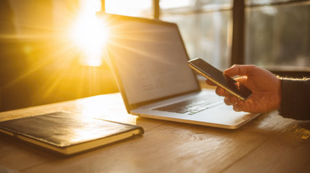 A hand holds a smartphone next to a laptop and notebook on a wooden table, dramatically illuminated by a powerful golden hour sun flare shining through a window. This image represents remote work, mobile communication, digital lifestyleの素材