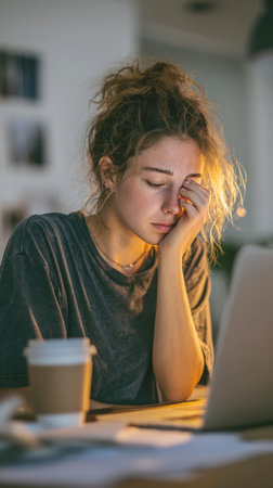 Exhausted young woman suffering from burnout and stress, working late at night on a laptop. Represents fatigue, overwork, study, deadlines, remote work, and mental health issues.の素材