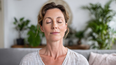 Peaceful middle-aged woman with closed eyes engaging in meditation, yoga, or mindful breathing indoors. Promoting mental health, relaxation, and a balanced lifestyle in a tranquil home environment.の素材