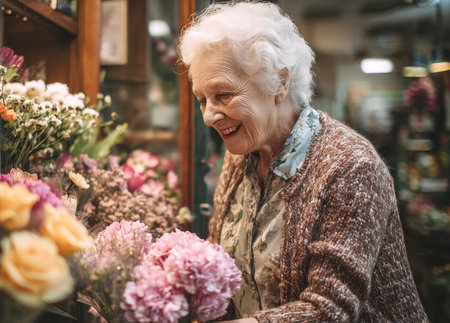 A joyful, smiling senior woman with white hair is seen in a close-up portrait as she lovingly selects a bouquet of pink flowers from a display in a local flower shop or market, conveying happiness, pleasure, and simple joysの素材