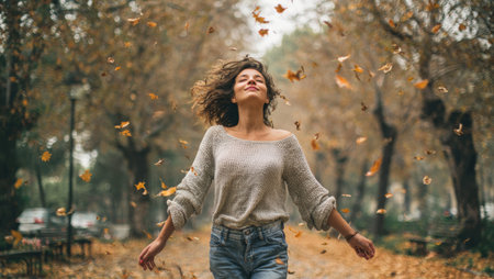 Happy young woman with outstretched arms and closed eyes enjoying a moment of pure bliss amidst a cascade of autumn leaves in a park. Captures the feeling of freedom, joy, and connection with nature during the fall season.の素材