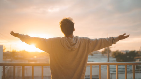 Embracing Freedom: Man in a Hoodie with Arms Outstretched, Silhouetted Against a Vibrant Golden Sunrise or Sunset Sky from a Rooftop Balcony in a Moment of Triumph and Spiritual Awe.の素材
