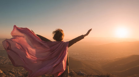 A woman stands on a mountain peak with her back to the viewer and her arms dramatically outstretched towards a brilliant sunset or sunrise. A pink scarf or shawl billows behind her like a cape, symbolizing freedom, achievement, successの素材