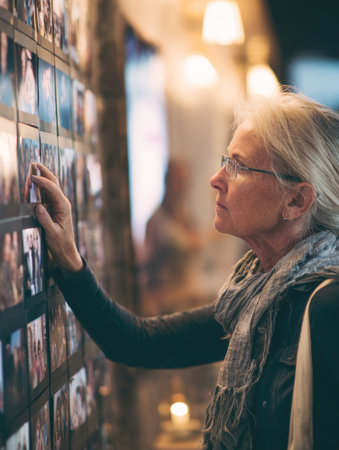 Thoughtful Senior Woman with Glasses and Gray Hair Inspecting a Wall of Printed Photographs at an Event or Art Exhibition in a Warmly Lit Indoor Gallery Space.の素材