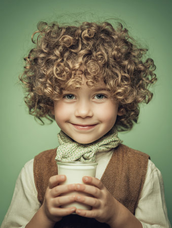 Delightful Vintage Portrait of a Happy Young Boy with Voluminous Curly Hair, Dressed in a Vest and Scarf, Holding a Glass of Fresh Milk Against a Green Backdropの素材