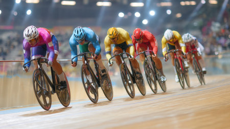 Intense Velodrome Cycling Race Action: Six Athletes in a Close Heat on the Wooden Track Under Stadium Lights, Dynamic Sports Photography.の素材