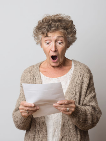 Shocked Senior Woman Reacting to Urgent News: Portrait of an Older Lady with Wide Eyes and Open Mouth, Stunned by a Letter, Document, or Unexpected Information, Standing Against a Neutral Background.の素材