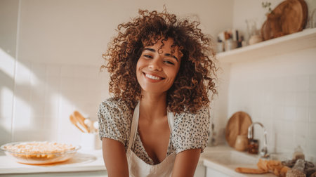 Close-up of a vibrant, happy young woman with gorgeous curly hair and a genuine smile, wearing a baking apron in a bright, sunlit kitchen. She embodies home cooking, wellness, joy, and domestic life.の素材