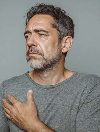 Close-up studio portrait of a middle-aged man with a worried, pensive expression and his hand on his chest. The image conveys concepts of anxiety, stress, health concerns like a heart problem, deep thought, or reflection.の素材