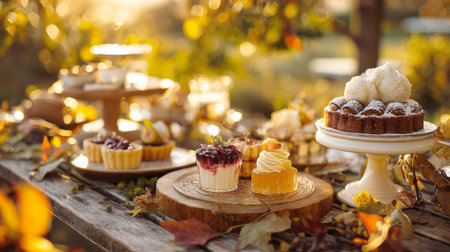 A beautiful outdoor dessert spread on a rustic wooden table at sunset or golden hour, featuring a variety of mini tarts, cheesecakes, and a cake on white stands, with autumn leaves and glowing bokeh.の素材