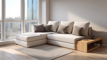 Bright and airy modern living room featuring a large beige sectional sofa with accent pillows next to floor-to-ceiling windows offering a city view, complete with a wooden side table and hardwood floorの素材