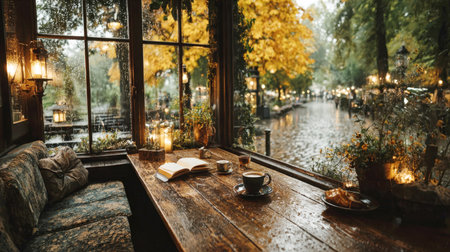A cozy cafe interior with a wet wooden window counter on a rainy autumn day, featuring a cup of coffee, an open book, and a snack, overlooking a blurry park street with yellow trees and warm lights.の素材