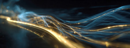 Abstract Flowing Energy Waves of Golden Light and Blue Particles on a Dark Background: Dynamic Digital Concept of Data Stream, Technology, Future, Speed, and Connectivity in a Modern Cybernetic Design.の素材