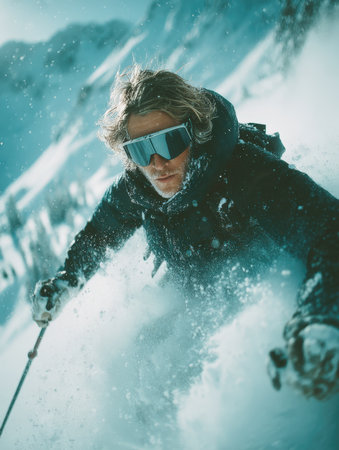 A dramatic, close-up shot of a male skier or snowboarder descending a mountain, creating a massive spray of fresh powder snow. The man wears goggles and a black jacket, his face showing intense focus, embodying extreme winter sports, action, freedomの素材