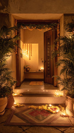 Traditional Indian doorway decorated for Diwali or a wedding. Features marigold garlands, numerous lit diyas oil lamps, flower petals, and ambient string lights, creating a warm, festive, and inviting scene.の素材