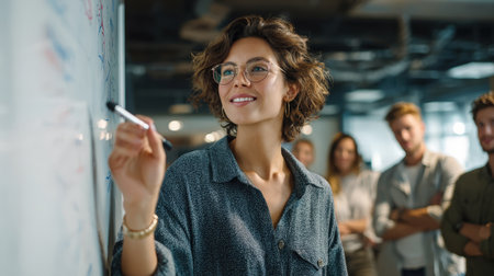 Confident and Happy Businesswoman with Glasses Leading a Team Presentation, Writing on a Whiteboard in a Modern Creative Office, Symbolizing Leadership, Collaboration, and Successful Corporate Strategyの素材