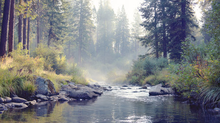 A Glimmer of Dawn: Tranquil River Meanders Through Foggy Forest, Where Ancient Pines Stand Tall Amidst Dew-Kissed Undergrowth, Capturing the Serene Beauty of a Misty Wilderness Morning.の素材