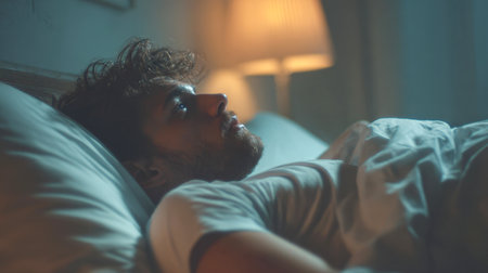 A close-up side profile of a restless young man with a beard lying awake in a dark bedroom, staring up and struggling with insomnia, stress, or anxiety. The scene is dramatically lit by a warm bedside lamp.の素材