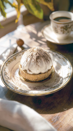 A delectable tartlet, crowned with a cloud of lightly dusted meringue, rests on a vintage gold-rimmed plate. Paired with steaming cup of coffee, the scene is bathed in the soft, warm glow of sunlight filtering through window, creating a cozy atmosphereの素材