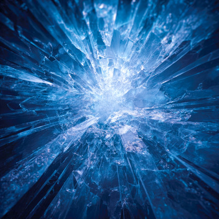 Explosion of Fractured Ice: Intense Blue Abstract Background Capturing the Dynamic Moment of Shattered Glass or Crystal Shards Radiating from a Bright, Energetic Central Point in a Cool Tonal Palette.の素材