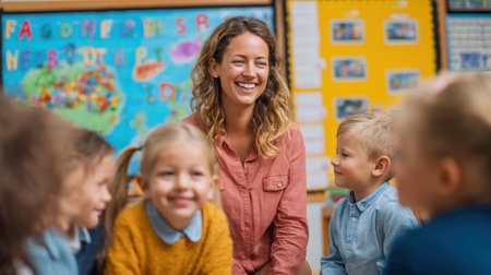 female teacher smiles warmly while sitting and interacting with a diverse group of young preschool children during a lesson or story time in a bright, colorful classroom. Early childhood education, positive learning, cheerful school environment.の素材