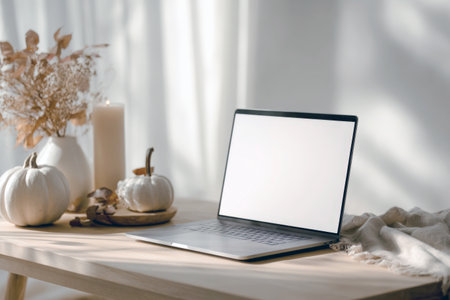 A laptop with a blank screen mockup on a wooden table, surrounded by cozy autumn decorations: white pumpkins, candles, and dried flowers. Perfect for fall, thanksgiving, and remote work themes.の素材