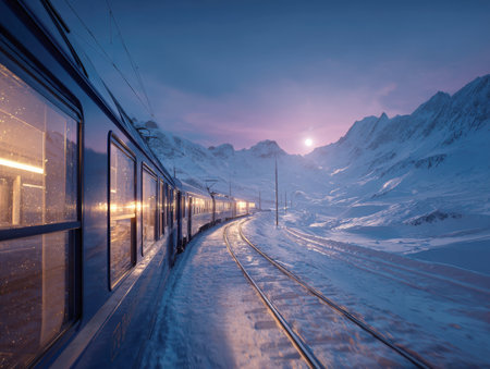 Luxury Winter Train Journey at Twilight: A Scenic View of a Sleek Passenger Train Traversing Snow-Covered Alpine Mountains Under a Pink and Blue Sky, Capturing the Magic of Cold Weather Travel.の素材
