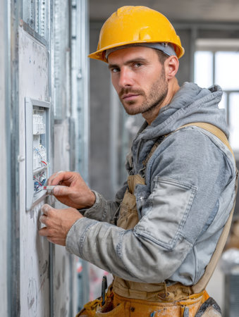 A serious and focused male electrician in a yellow hard hat and work clothes is shown connecting electrical wires in a fuse box or distribution board on a construction site. Detailed work, professionalism, and safety required for installationの素材