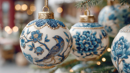 Close-up of luxurious Christmas ornaments with a beautiful blue and white chinoiserie or delftware pattern, featuring birds and flowers. Hanging on a fir tree, they evoke traditional, elegant, and festive holiday spirit.の素材