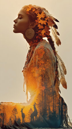 portrait of a woman with her eyes closed, adorned with autumn leaves and feathers, fused with a golden-hour forest landscape featuring deer. The image symbolizes the connection between humanity, nature, the seasons, and the spirit of the wild.の素材
