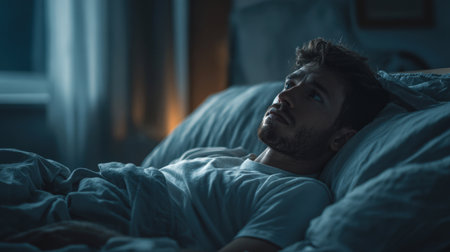 A deeply moody and evocative image of a troubled young man lying awake in bed late at night, suffering from insomnia, anxiety, or depression. The dark, cool lighting emphasizes his distress and struggle for sleep.の素材