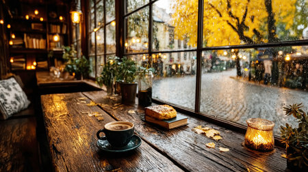 A comforting autumn hygge scene: a coffee shop window on a rainy day. A steaming cup and pastry sit on a wet, rustic wooden counter. Captures the warm glow and cozy mood of the fall season.の素材
