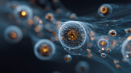 microscopic cells or organisms floating in a dark field. The main cell is detailed with a glowing orange nucleus and a web of blue-white network and filaments, conveying concepts of biotechnology, science, and cellular communication.の素材
