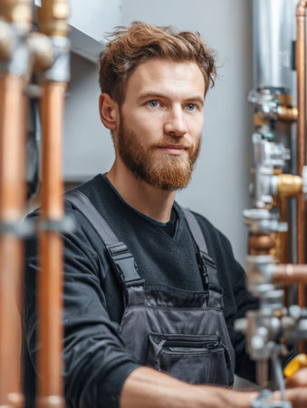 Vertical Portrait of a Professional Red-Bearded HVAC Technician or Plumber Wearing Gray Overalls and a Black T-shirt, Working on Copper and Brass Pipes and Plumbing Systems in a Modern Boiler Room or Utility Closetの素材