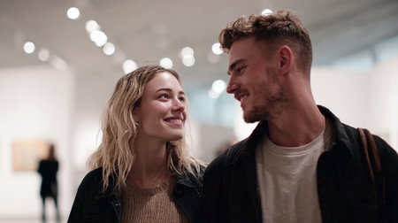 A romantic close-up of a happy young couple sharing a moment, smiling and looking into each otherâs genuine eyes while visiting a modern art gallery or museum. The image captures love, leisure, and a cultural date with soft, bright lighting.の素材