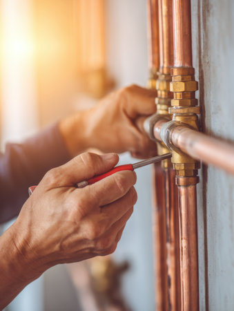 A plumber's hands working on copper pipes and brass fittings with a screwdriver. Detail of plumbing installation or repair for heating and water systems. Focus on service, maintenance, and professional work.の素材