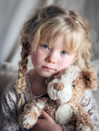 A sweet, close-up portrait of an adorable young girl with blonde hair and striking blue eyes, holding her favorite stuffed animal or teddy bear for comfort. The image, shot in soft, natural light, captures a moment of childhood innocence and securityの素材