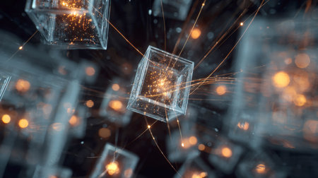 An abstract and futuristic background with glowing glass cubes representing data, blockchain, or quantum computing. Orange light and connecting fiber optic lines suggest high-speed networks and innovation.の素材