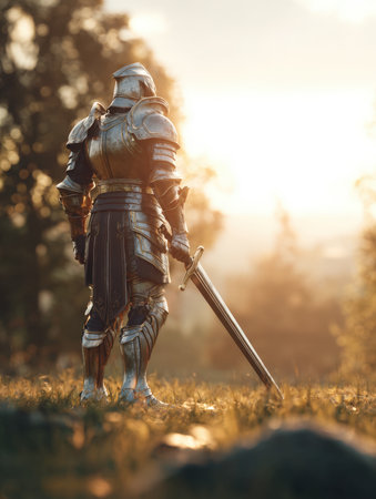a stunning medieval fantasy scene featuring a solitary knight in full, detailed armor standing on a grassy field, holding a sword. dramatic backlighting from a golden sunset/sunrise evokes themes of epic adventure and heroic journey.の素材