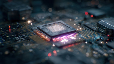 extreme close-up of a powerful microchip integrated into a dark motherboard with shimmering light effects, symbolizing artificial intelligence, data processing, electronic communication, and global technology.の素材