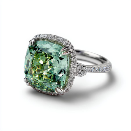 Stunning cushion-cut green gemstone ring with a dazzling diamond halo and pave band. This luxurious jewelry piece features a large, vibrant stone and is set in white metal. Ideal for engagement, high-end fashion, or luxury concepts.の素材