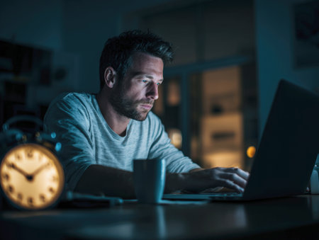 Dedicated Man Working Late at Night on His Laptop in a Dimly Lit Home Office, Illuminated by the Screen Light, Symbolizing Overtime, Concentration, and Remote Work.の素材