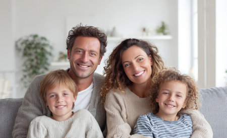 Warm and Joyful Family Portrait of Parents and Two Young Children Sitting Together on a Sofa at Home, Smiling Happily and Radiating Love, Comfort, and Domestic Bliss.の素材