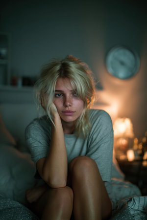Vertical, intimate portrait of a young woman sitting on her bed in a dark bedroom, illuminated by soft lamp light. She has a tired and worried expression, resting her head on her hand. Captures themes of insomnia, depression, and loneliness.の素材