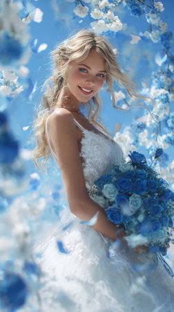 Breathtaking Blonde Bride in a White Lace Gown, Surrounded by Cascading Blue and White Cherry Blossoms and a Vibrant Bouquet, Capturing Joyful Romance and Springtime Elegance.の素材