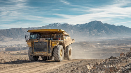 Colossal Yellow Mining Dump Truck Operating in a Vast Open-Pit Mine Landscape, Kicking Up Dust Against a Backdrop of Majestic Snow-Dusted Mountains and Wide Blue Sky.の素材