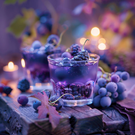 Moody and Mystical Autumn Cocktail of Deep Purple Berry Juice or Wine Spritzer, Garnished with Blackberries and Grapes on Rustic Wood, Illuminated by Candlelight and Bokeh.の素材